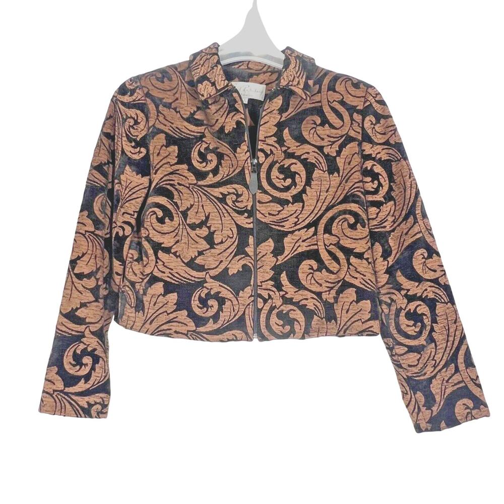 Earl Rutenberg Velvet Jacket Womens X-Small Black Brown Retro Floral Cropped